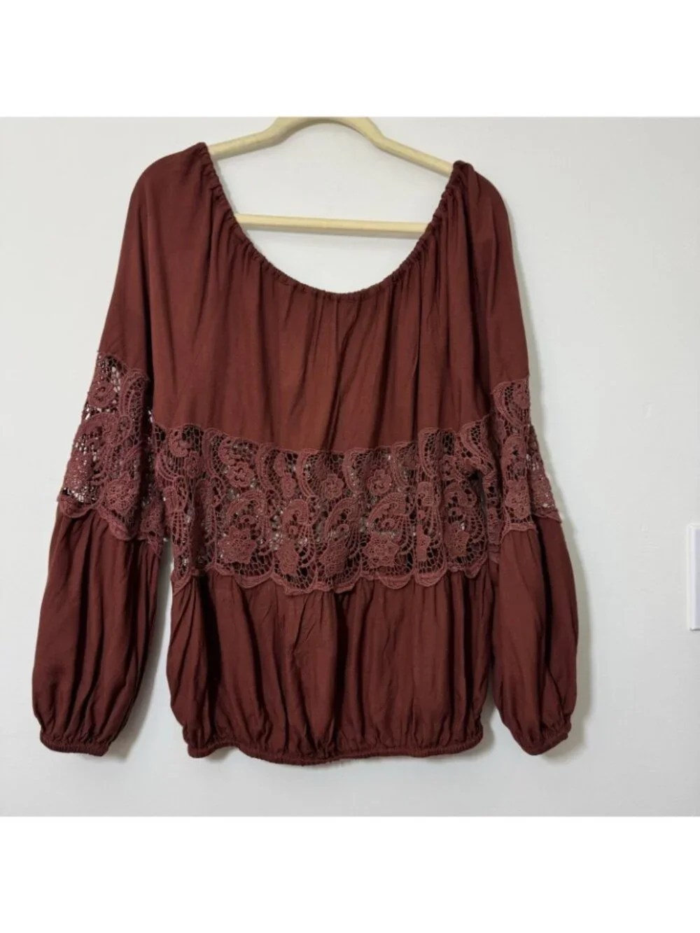 Free People Women’s Oversized Peasant Top Size S Crochet Details Long Sleeves